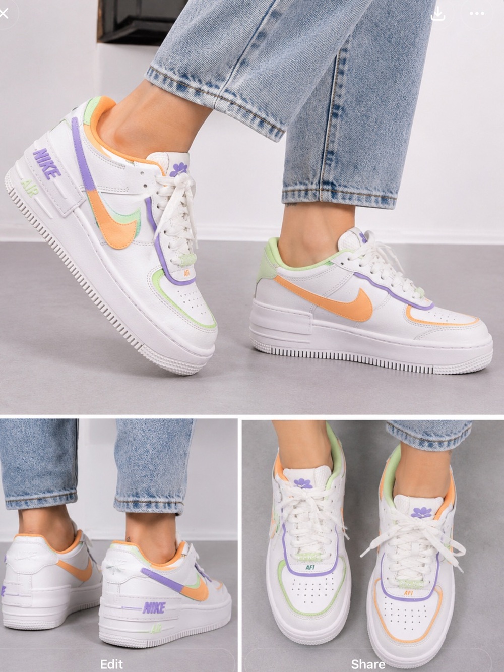 Nike Kids White Sneakers with Pastel Orange, Green, Purple, and Yellow Accents